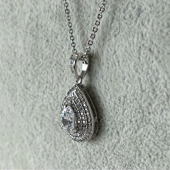 Silver Layered Pear Halos Bridal CZ Necklace - Picture 5 of 9